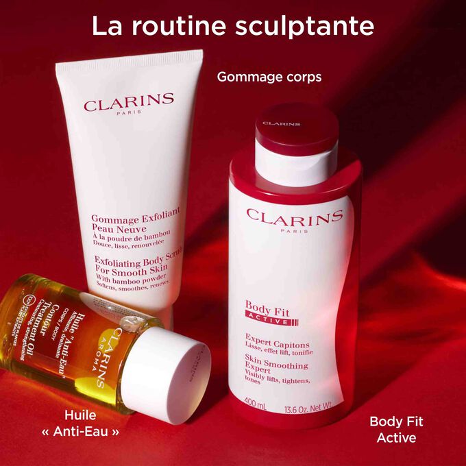 Routine sculptante avec Body Fit Active, l'huile « Anti-Eau » et le Gommage Exfoliant Peau Neuve